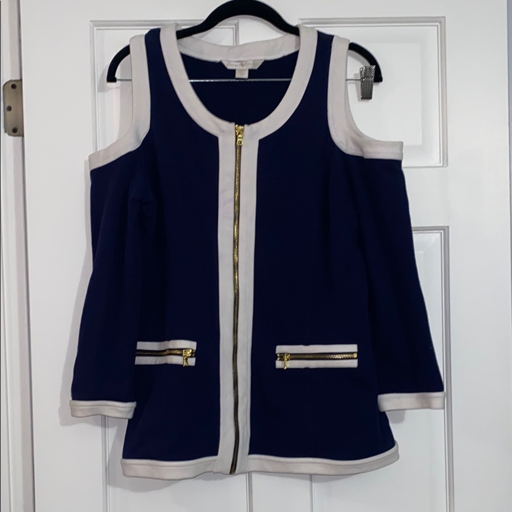 Chic Navy and White Cold Shoulder Top. Boston Proper Size Large